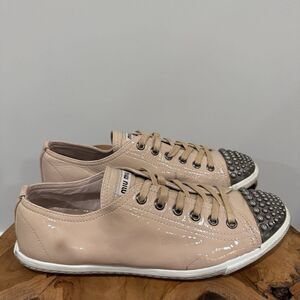 Miu Miu Patent Leather Beige Studded Lace Up Sneakers Low Top EU 38.5 US 8.5